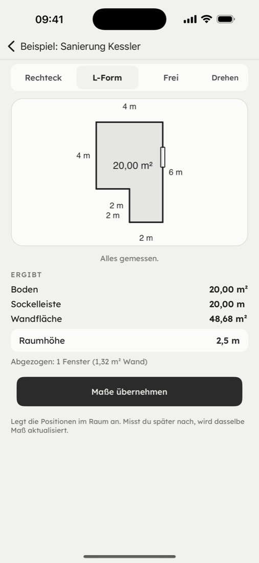 AufmassFix: Grundriss einer Küche mit Maßen und berechneter Fläche