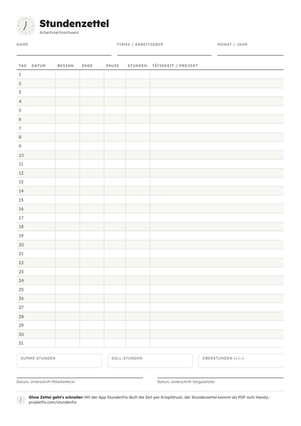 Vorschau der Stundenzettel-Vorlage: Tabelle mit 31 Tagen, Summe und Unterschriften